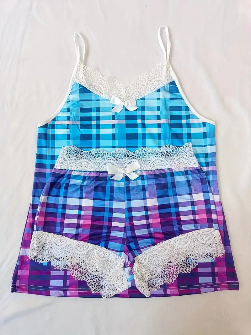 Ombre Plaid Print Lace Trim Lounge Set