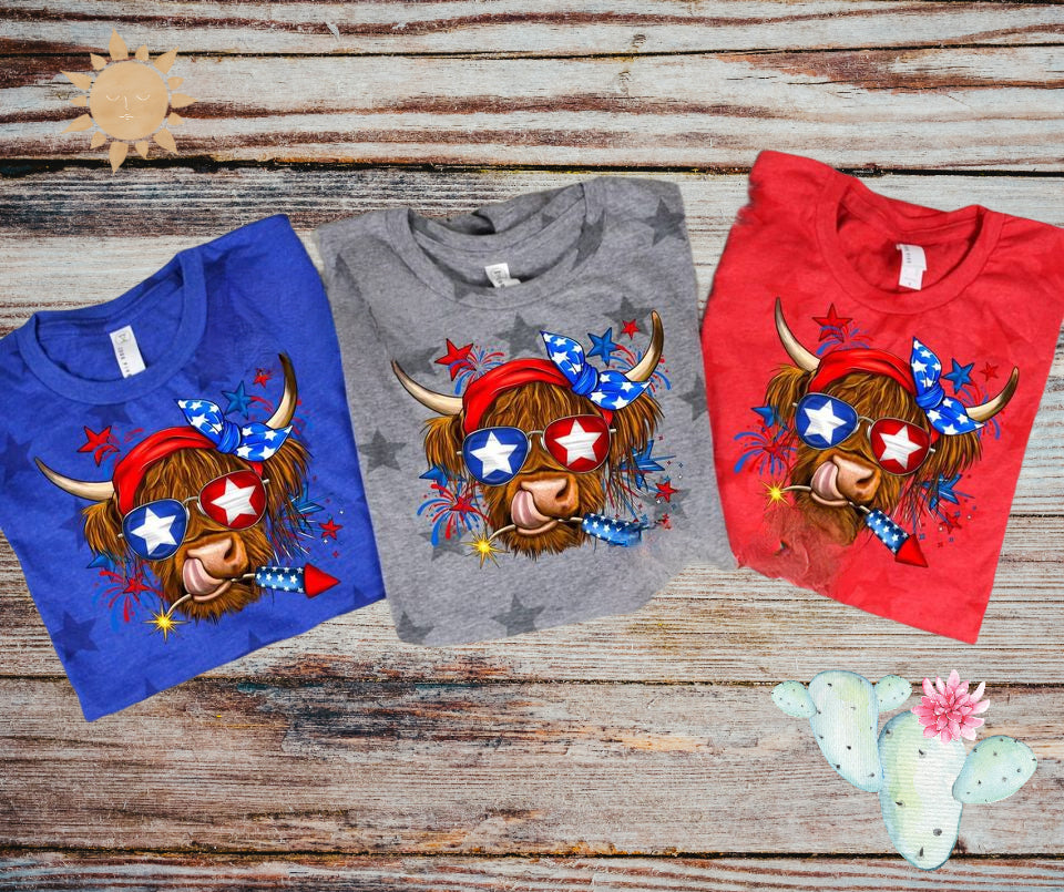 Red White & Blue Highland Cow Tee