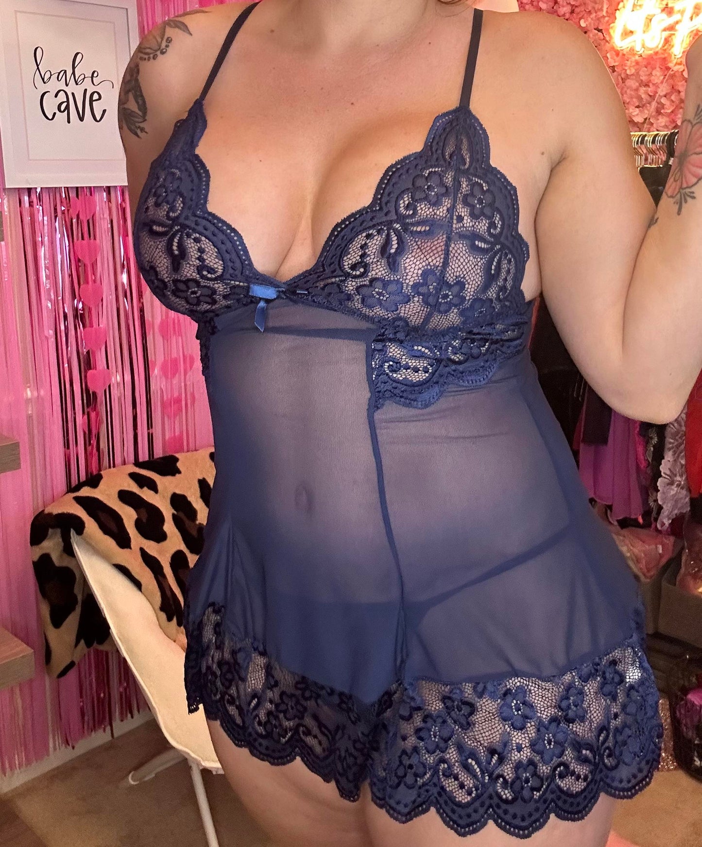 Sexy Floral Lace Lingerie Set with Scallop Trim V Neck Slip Dress and Thong