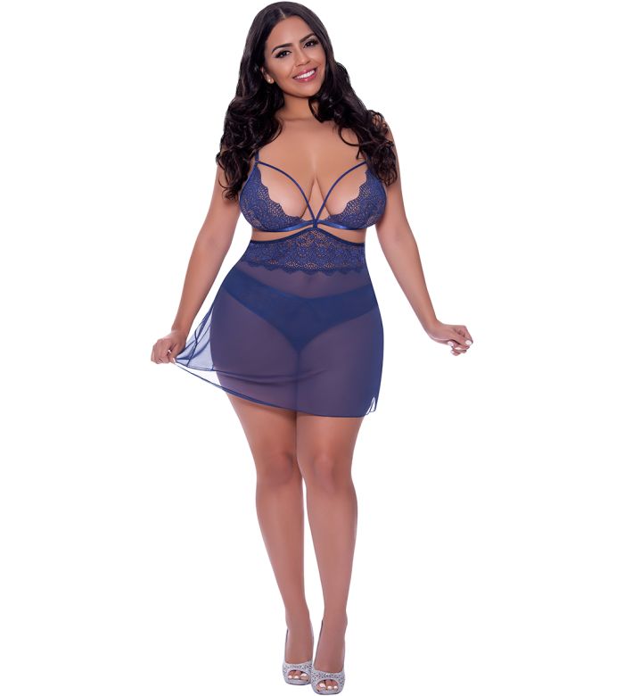 PLUS SIZE -Magic Silk Baby Doll & Panty Set- Blueberry